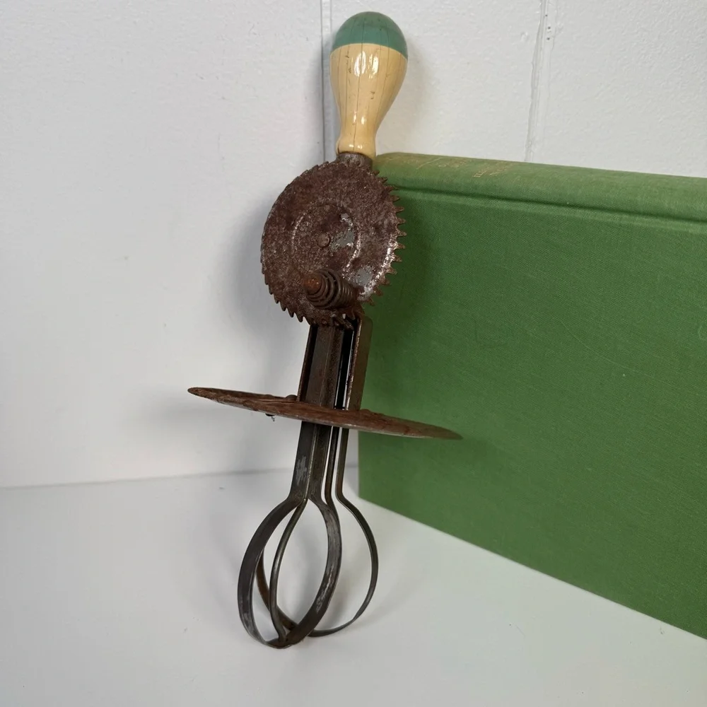 Antique (Green & Cream) A&J Kitchen Egg Beater Wood Handle Farmhouse Decor